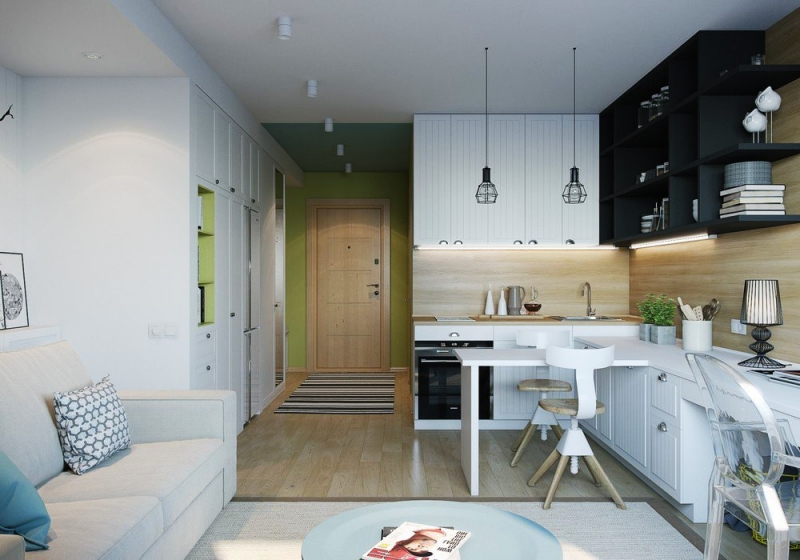 Оригинальный дизайн кухни-гостиной площадью 20 квадратных метров			